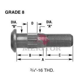 09002085 Meritor Wheel Stud Rh Thread Direction Serrated 0.87 Inch Body Length