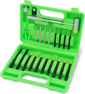 66086 Swanlake Garden Tools 22pc Punch Set And Hammer With Brass Hollow Steel Plastic Green