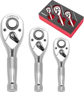 Tommars 709930282615 Stubby Ratchet Set 1/4 Inch 3/8 1/2 Red Silver Black