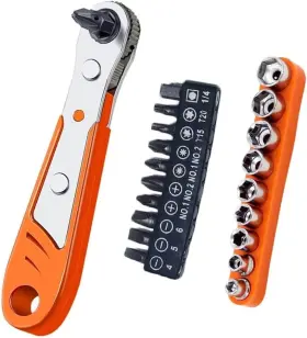 Torsor 749877660787 Right Angle Screwdriver Bit Set 1/4 Inch Drive Mini Ratchet Socket Orange