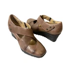 Earth Womens Sz 7.5B Wedge High Heels Snap On Pump Crisscross Brown Leather Shoe Pre-owned. Price: $26.99.