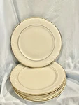 Set Of 6 Royal Kent Dinner Plates White Gold Trim Embossed Scrolls Used. Price: $74.99.
